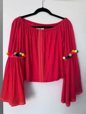 Pitusa Bright Coral Off-Shoulder Top with Multicolor Pom Trim